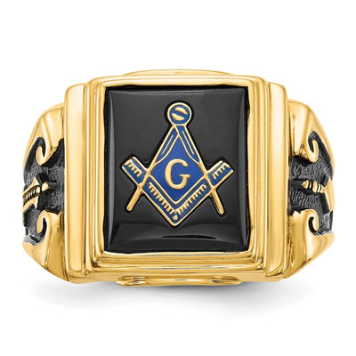 14K Men's Polished and Textured with Black Enamel and Onyx Masonic Ring