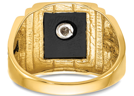 14k Men's Polished and Textured with Black Enamel and Onyx Masonic Ring