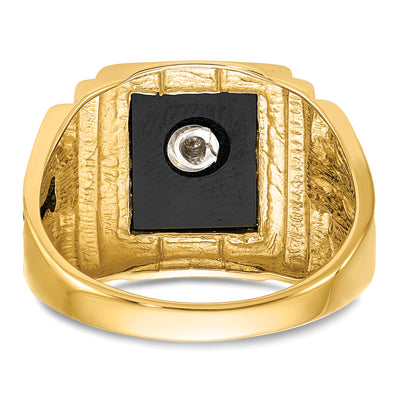 14K Men's Polished and Textured with Black Enamel and Onyx Masonic Ring