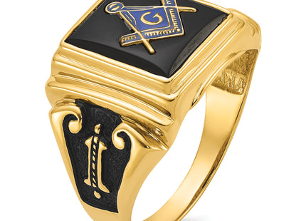 14k Men's Polished and Textured with Black Enamel and Onyx Masonic Ring
