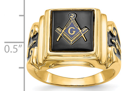 14k Men's Polished and Textured with Black Enamel and Onyx Masonic Ring