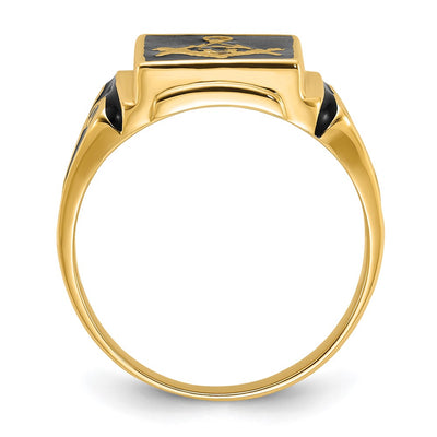 14K Men's Polished and Textured with Black Enamel Masonic Ring