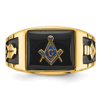 14K Men's Polished and Textured with Black Enamel and Onyx Masonic Ring
