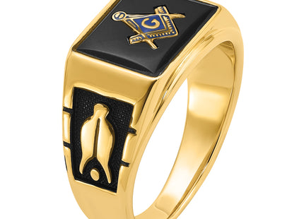 14k Men's Polished and Textured with Black Enamel and Onyx Masonic Ring