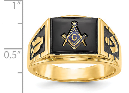 14k Men's Polished and Textured with Black Enamel and Onyx Masonic Ring