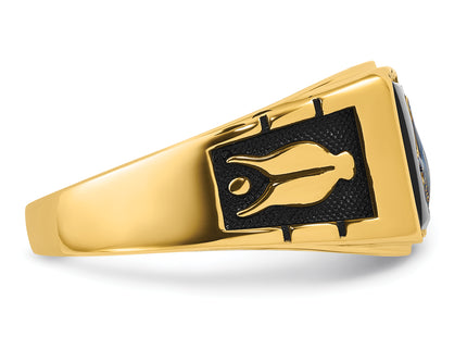 14k Men's Polished and Textured with Black Enamel and Onyx Masonic Ring
