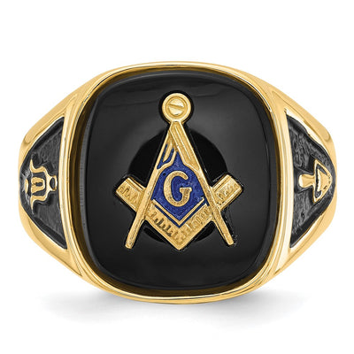 14K Men's Polished and Textured with Black Enamel and Onyx Masonic Ring