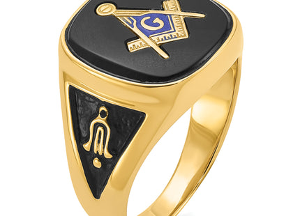 14k Men's Polished and Textured with Black Enamel and Onyx Masonic Ring