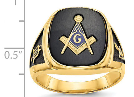 14k Men's Polished and Textured with Black Enamel and Onyx Masonic Ring
