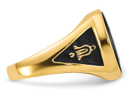 14k Men's Polished and Textured with Black Enamel and Onyx Masonic Ring