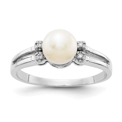 14K White Gold FW Cultured Pearl AA Diamond ring