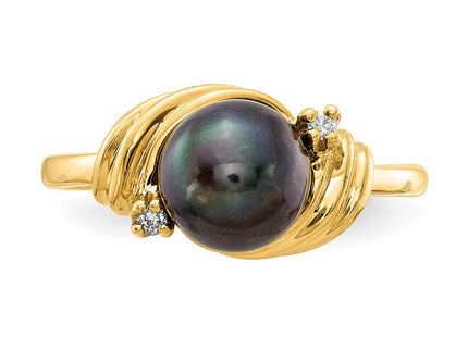 14K 7mm Black Freshwater Cultured Pearl and A Diamond Ring, view 4