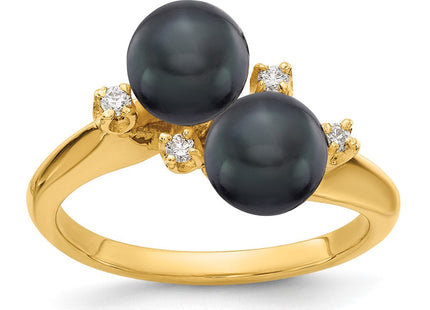 14K 6mm Black Freshwater Cultured Two Pearl and 1/20 carat AA Diamond Ring