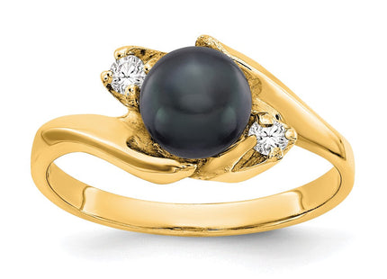 14K 6mm Black Freshwater Cultured Pearl and 1/15 carat VS Diamond Bypass Ring