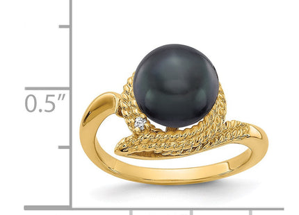 14K 8.5mm Black Freshwater Cultured Pearl and VS Diamond Ring, view 3