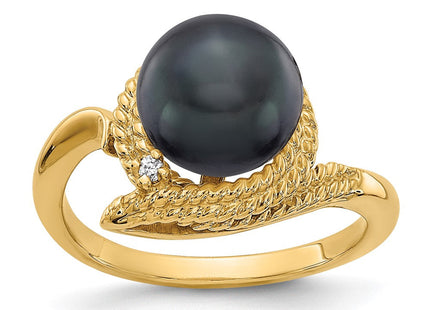 14K 8.5mm Black Freshwater Cultured Pearl and VS Diamond Ring