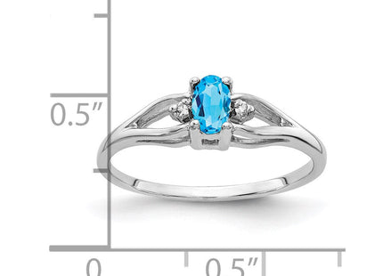 14K White Gold 5x3mm Oval Blue Topaz and AAA Diamond 3 Stone Ring, view 3