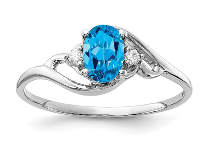 14K White Gold 6x4mm Oval Blue Topaz and AAA Diamond Ring