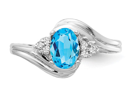 14K White Gold 7x5mm Oval Blue Topaz and 1/15 carat AAA Diamond Ring, view 4