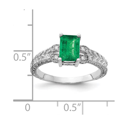 14K White Gold Emerald Cut Emerald Diamond Ring