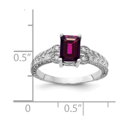 14K White Gold Emerald Cut Rhodolite Garnet AA Diamond ring