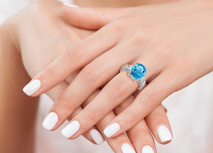 14K White Gold 12x10mm Oval Blue Topaz and 1/20 carat AAA Diamond Ring, view 5
