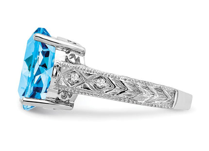 14K White Gold 12x10mm Oval Blue Topaz and 1/20 carat A Diamond Ring, view 2