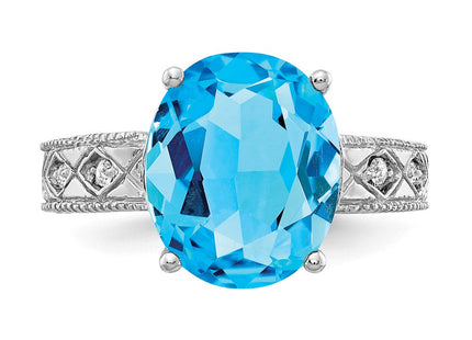14K White Gold 12x10mm Oval Blue Topaz and 1/20 carat A Diamond Ring, view 4