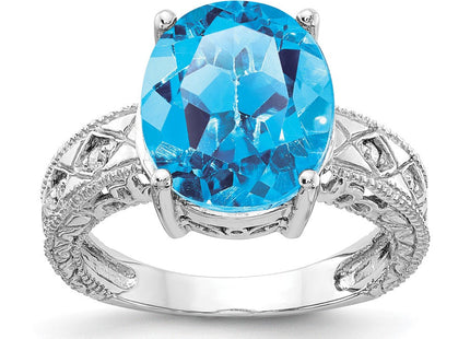 14K White Gold 12x10mm Oval Blue Topaz and 1/20 carat AAA Diamond Ring
