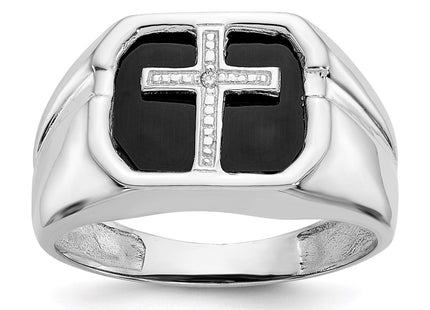 IB Goodman 14K White Gold Octagon Onyx and AA Diamond Men's Cross Ring