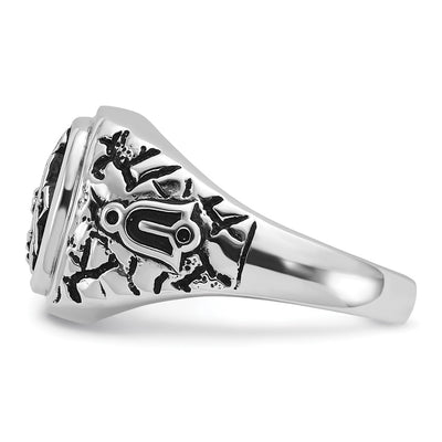 14K White Gold Men's Polished Antiqued and Textured with Black Enamel and Diamonds Masonic Ring