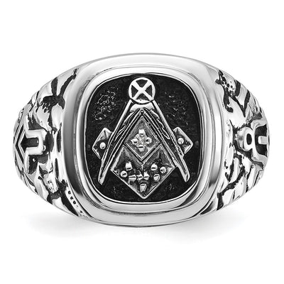 14K White Gold Men's Polished Antiqued and Textured with Black Enamel and Diamonds Masonic Ring