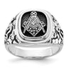 14k White Gold Men's Polished Antiqued and Textured with Black Enamel and VS Quality Diamonds Masonic Ring