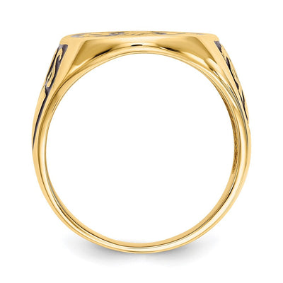14K Men's Polished and Grooved with Black Enamel Masonic Ring