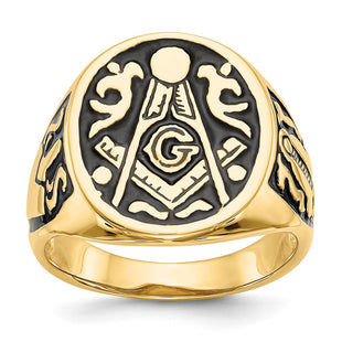 14k Men's Polished and Grooved with Black Enamel Masonic Ring (Style Y4041M)