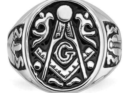 14k White Gold Men's Polished and Grooved with Black Enamel Masonic Ring (Style Y4042M)