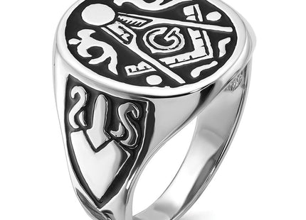 14k White Gold Men's Polished and Grooved with Black Enamel Masonic Ring (Style Y4042M)