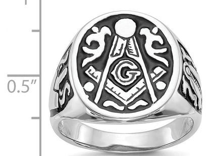 14k White Gold Men's Polished and Grooved with Black Enamel Masonic Ring (Style Y4042M)