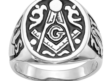 14k White Gold Men's Polished and Grooved with Black Enamel Masonic Ring (Style Y4042M)