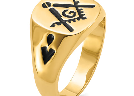 14k Men's Polished and Grooved with Black Enamel Masonic Ring