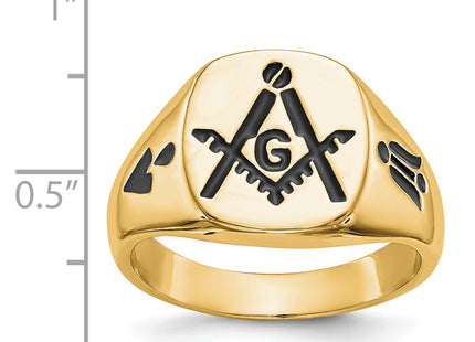 14k Men's Polished and Grooved with Black Enamel Masonic Ring