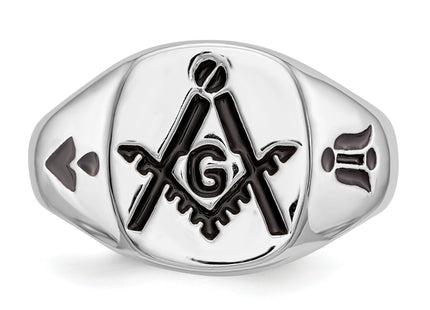 14k White Gold Men's Polished and Grooved with Black Enamel Masonic Ring