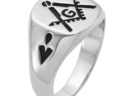 14k White Gold Men's Polished and Grooved with Black Enamel Masonic Ring
