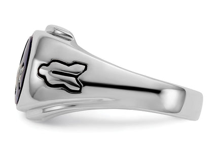 14k White Gold Men's Polished, Antiqued and Grooved with Imitation Blue Spinel Masonic Ring (Style Y4059M)