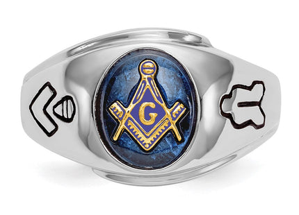 14k White Gold Men's Polished, Antiqued and Grooved with Imitation Blue Spinel Masonic Ring (Style Y4059M)