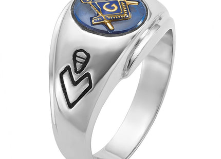 14k White Gold Men's Polished, Antiqued and Grooved with Imitation Blue Spinel Masonic Ring (Style Y4059M)