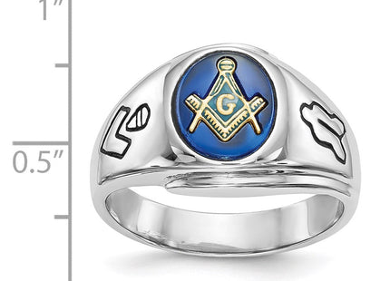 14k White Gold Men's Polished, Antiqued and Grooved with Imitation Blue Spinel Masonic Ring (Style Y4059M)