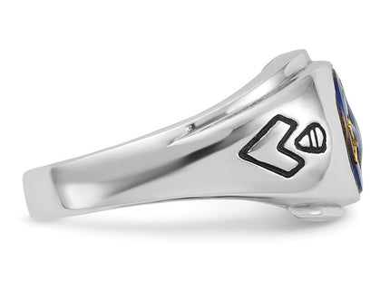 14k White Gold Men's Polished, Antiqued and Grooved with Imitation Blue Spinel Masonic Ring (Style Y4059M)