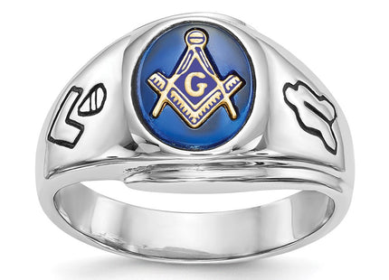 14k White Gold Men's Polished, Antiqued and Grooved with Imitation Blue Spinel Masonic Ring (Style Y4059M)