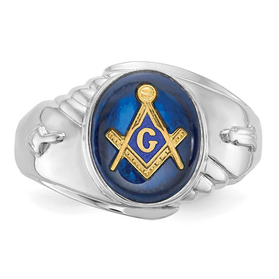 14K White Gold Men's Polished and Textured with Imitation Blue Spinel Masonic Ring